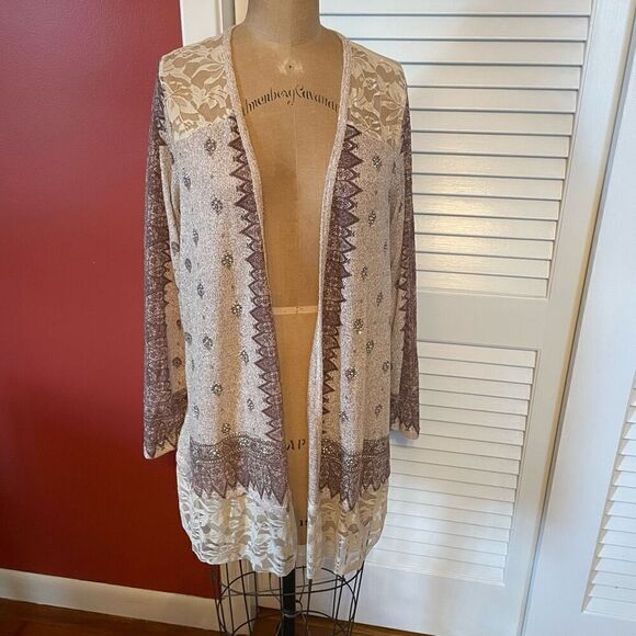 VOICE OF CALIFORNIA | earth tone open cardigan with beads and lace S - Picture 1 of 7